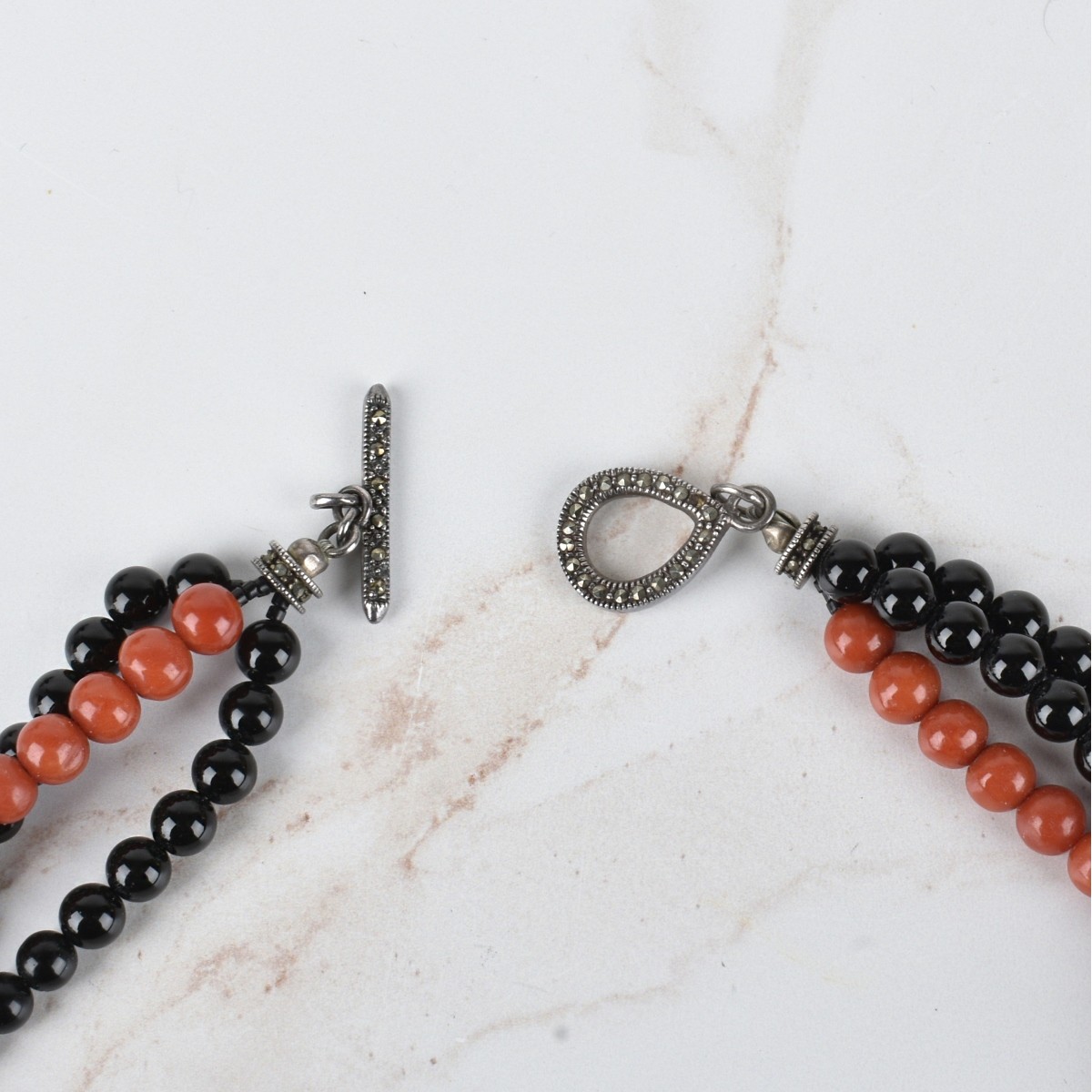 Deco Coral, Onyx and Silver Pendant Necklace