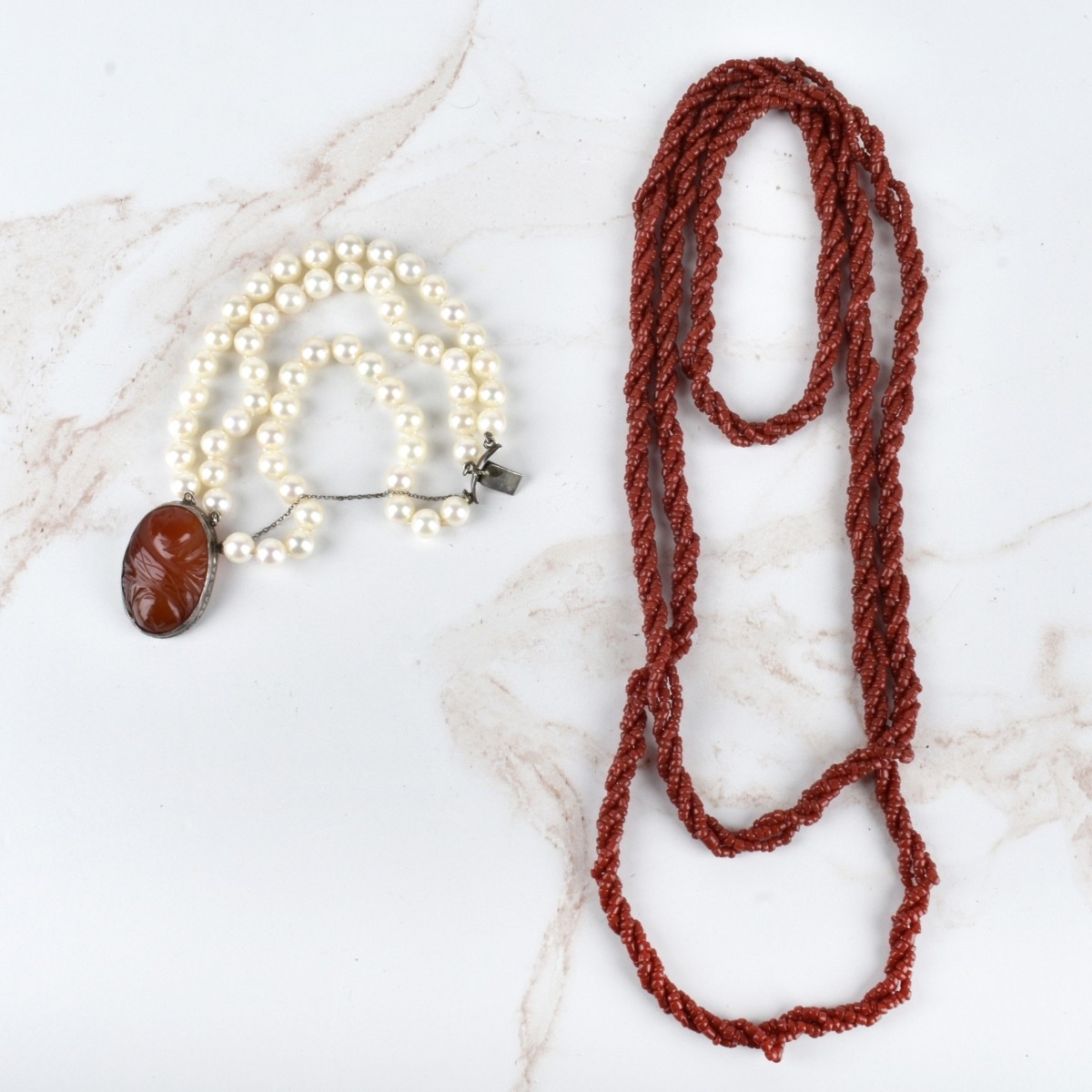 Pearl Bracelet and Coral Necklace