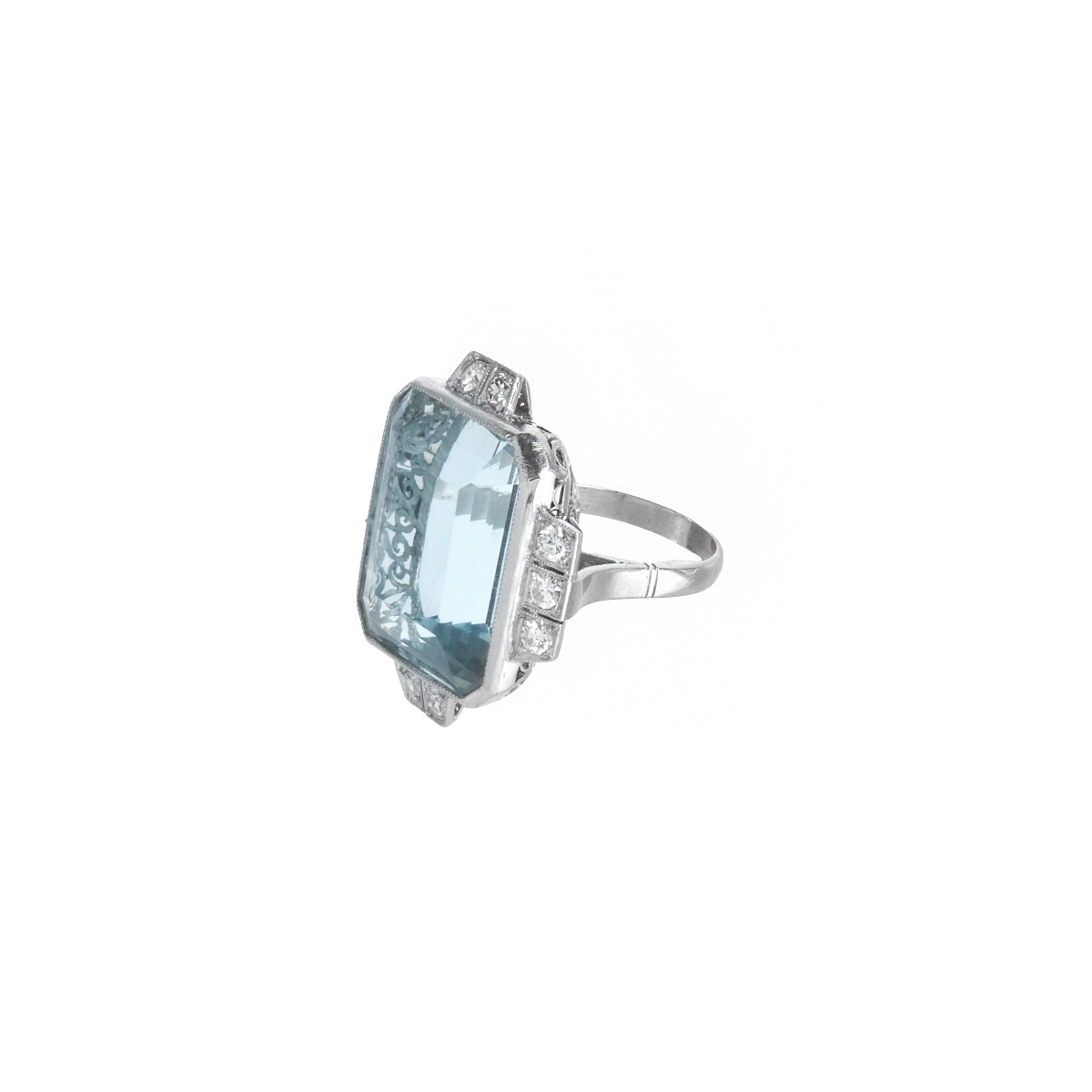 Aquamarine, Diamond and Platinum Ring