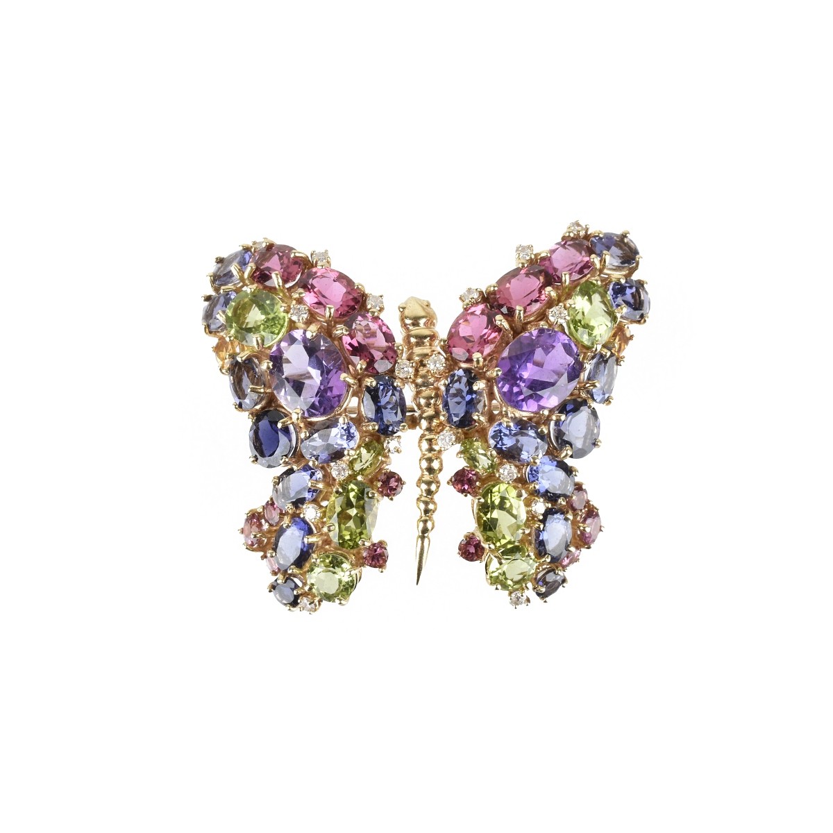 Gemstone, Diamond and 14K Brooch