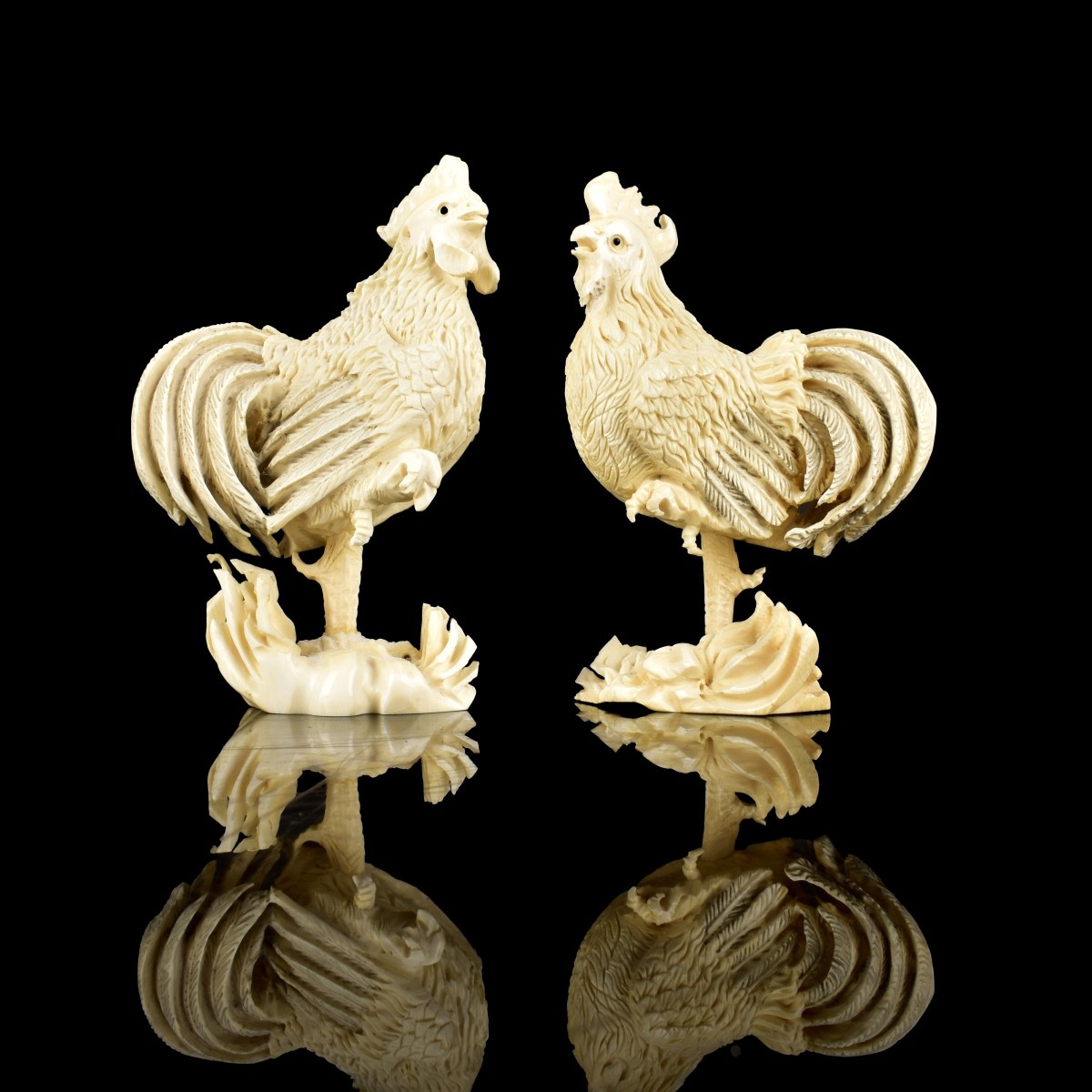 Pair of Antique Japanese Carved Rooster Figurines