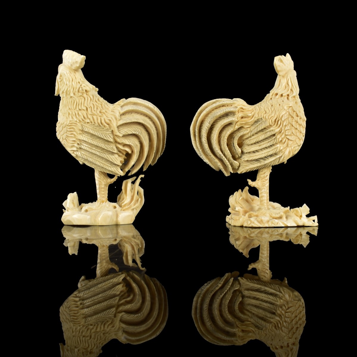 Pair of Antique Japanese Carved Rooster Figurines