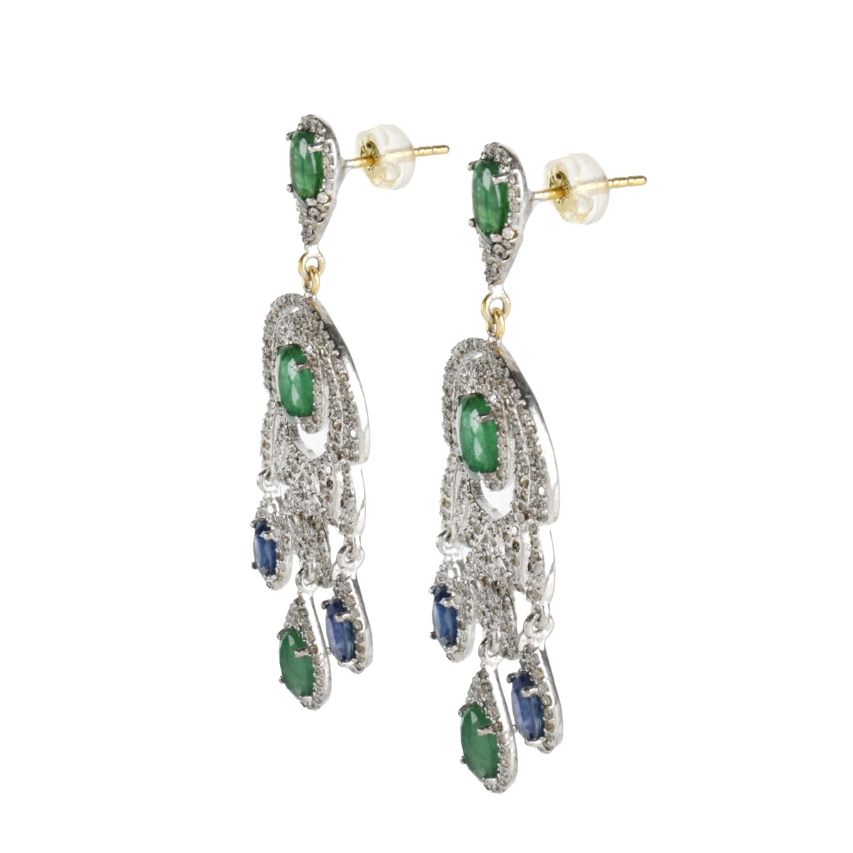 Emerald, Sapphire and Silver Earrings