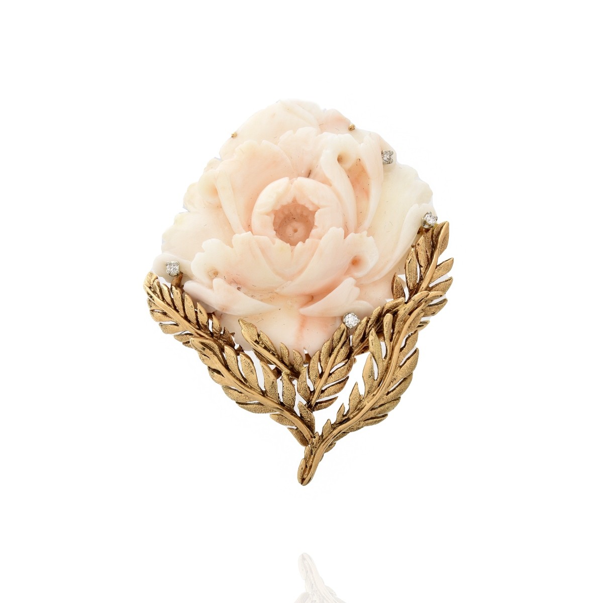 Coral, Diamond and 14K Brooch