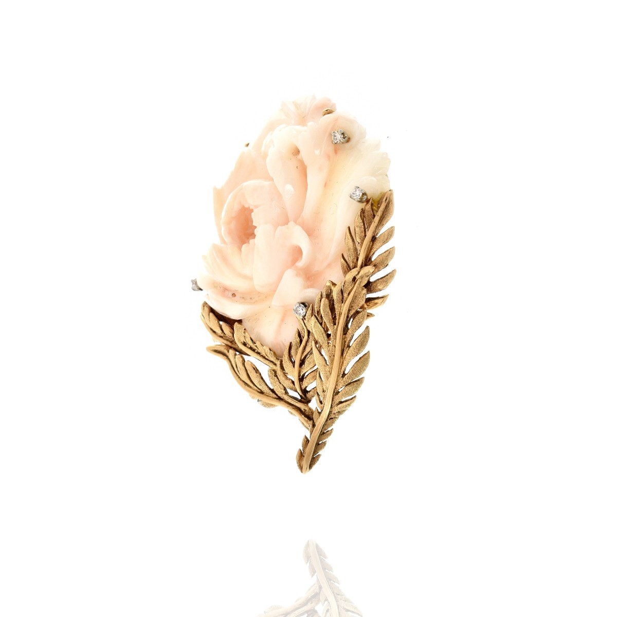 Coral, Diamond and 14K Brooch