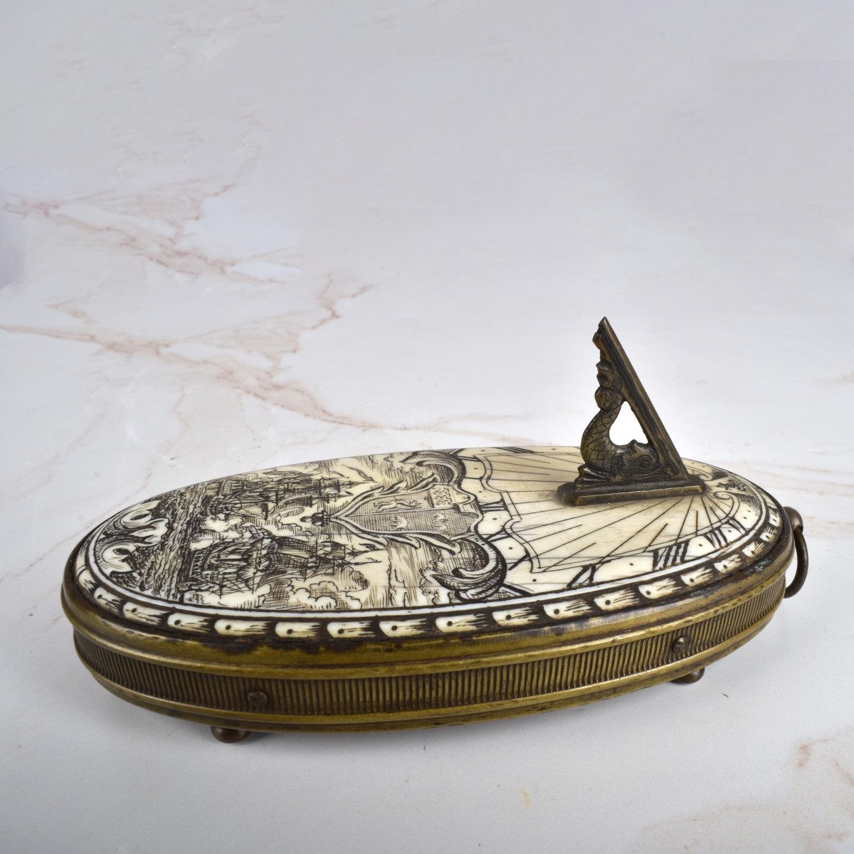 Antique European Bronze and Etched Inlaid Sundial