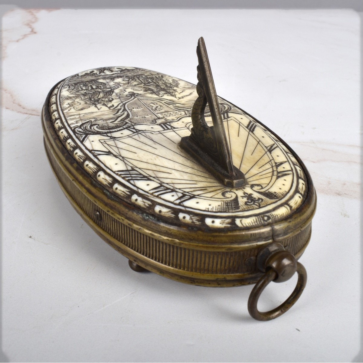 Antique European Bronze and Etched Inlaid Sundial