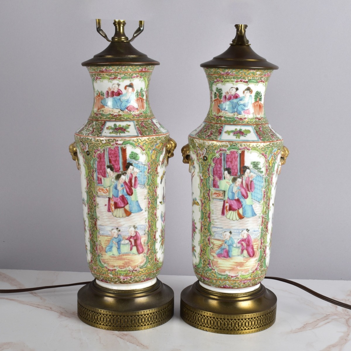 Pair of Chinese Rose Medallion Lamps