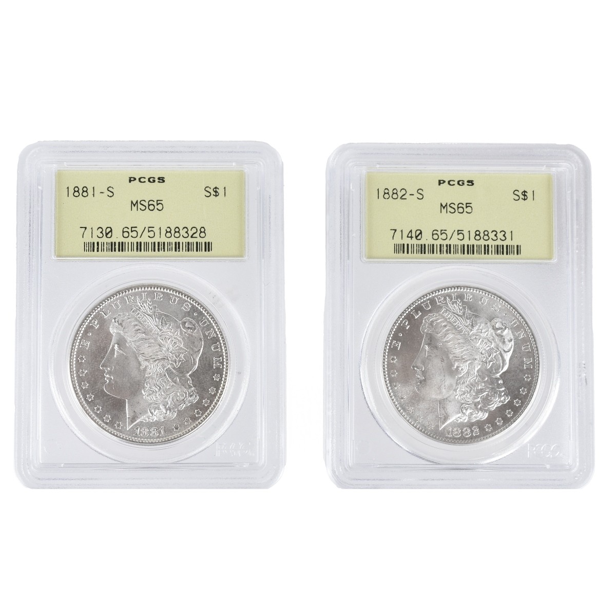 Two (2) Morgan Silver Dollars MS65 Slabbed