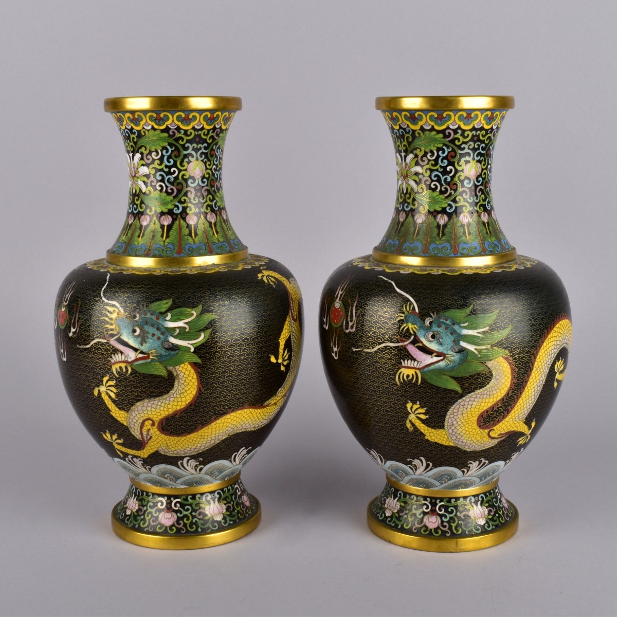 Pair Chinese Cloissone Dragon Vases