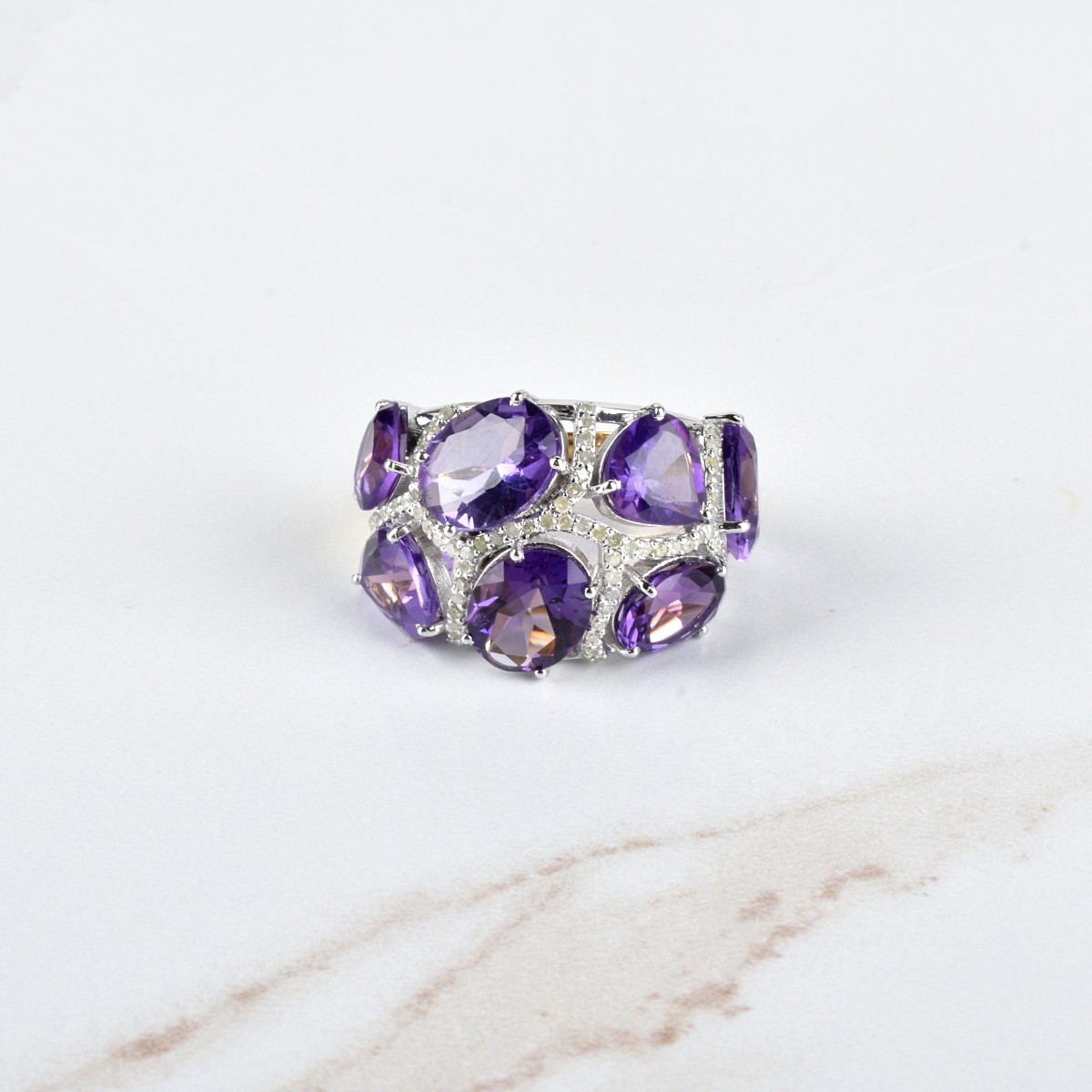 Amethyst, Diamond 14K and Silver Ring