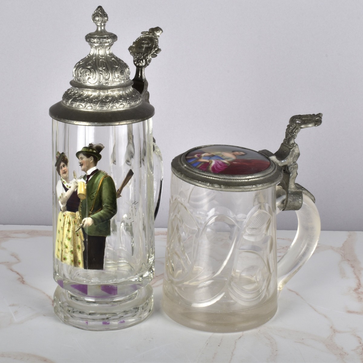 Two German Painted Glass Beer Steins