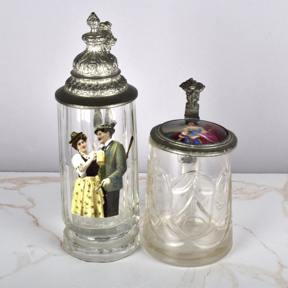 Two German Painted Glass Beer Steins