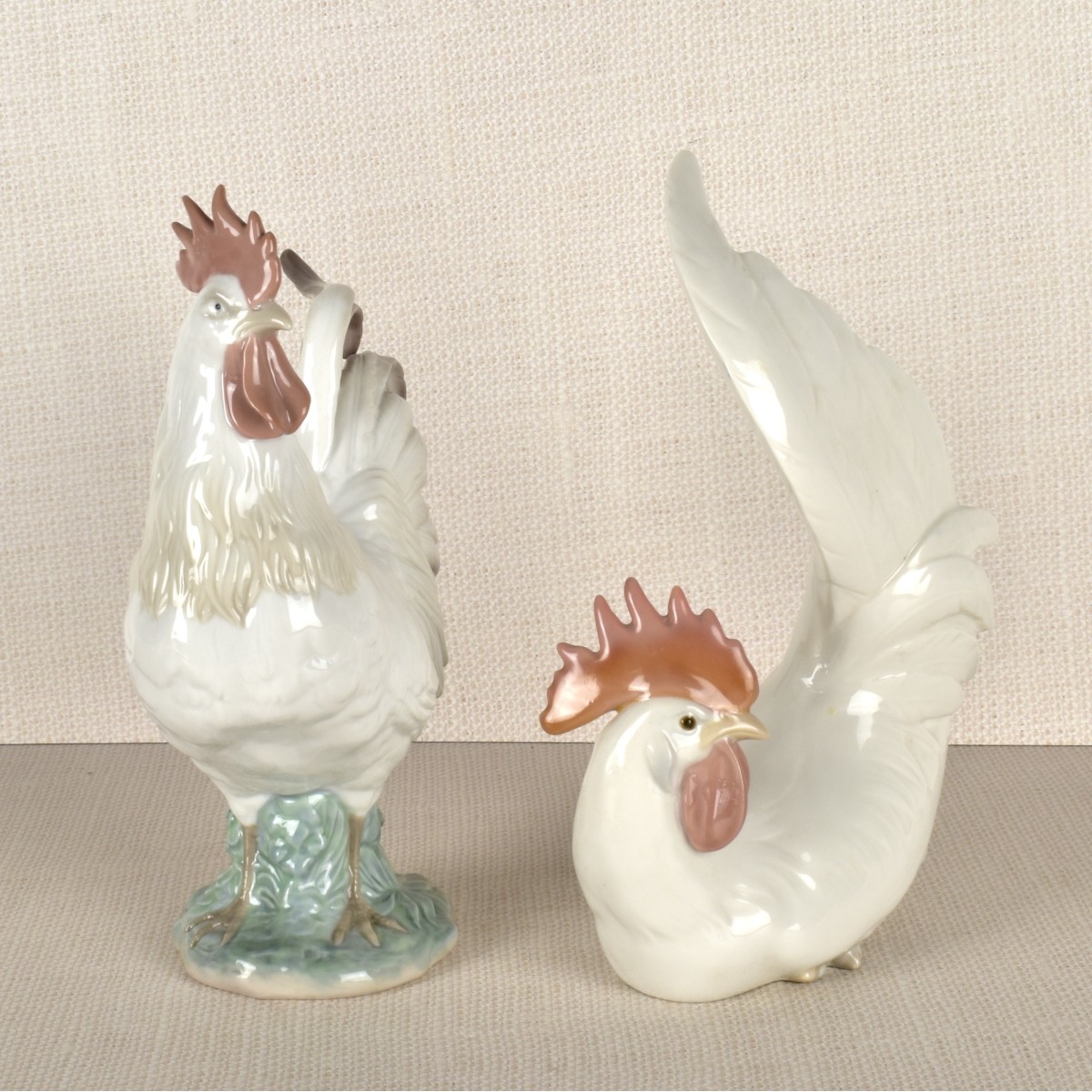 Two Lladro Porcelain Rooster Figurines