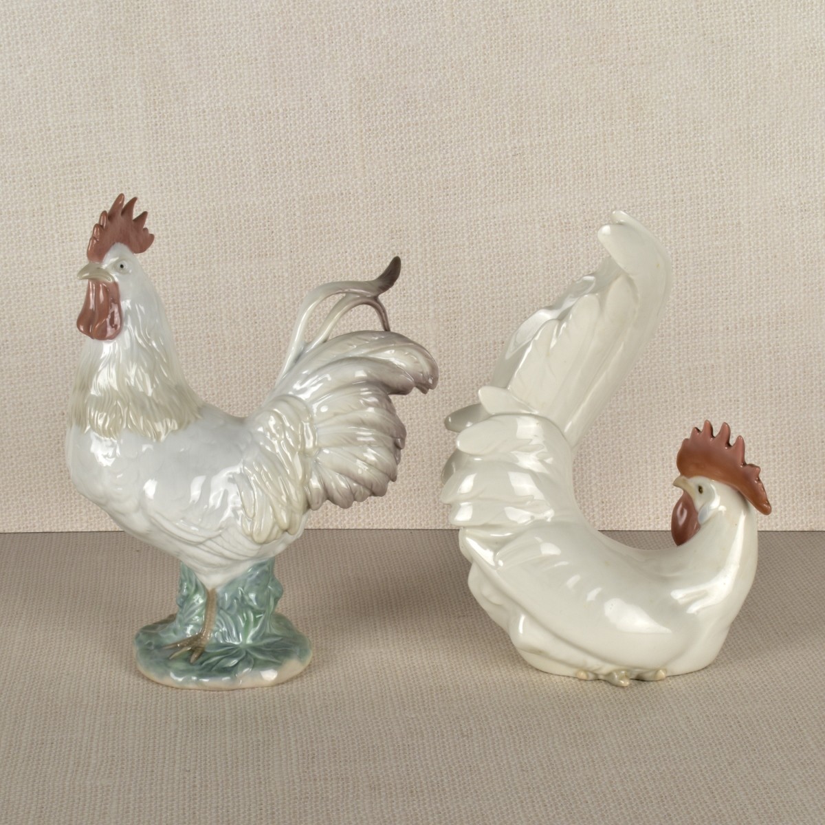 Two Lladro Porcelain Rooster Figurines
