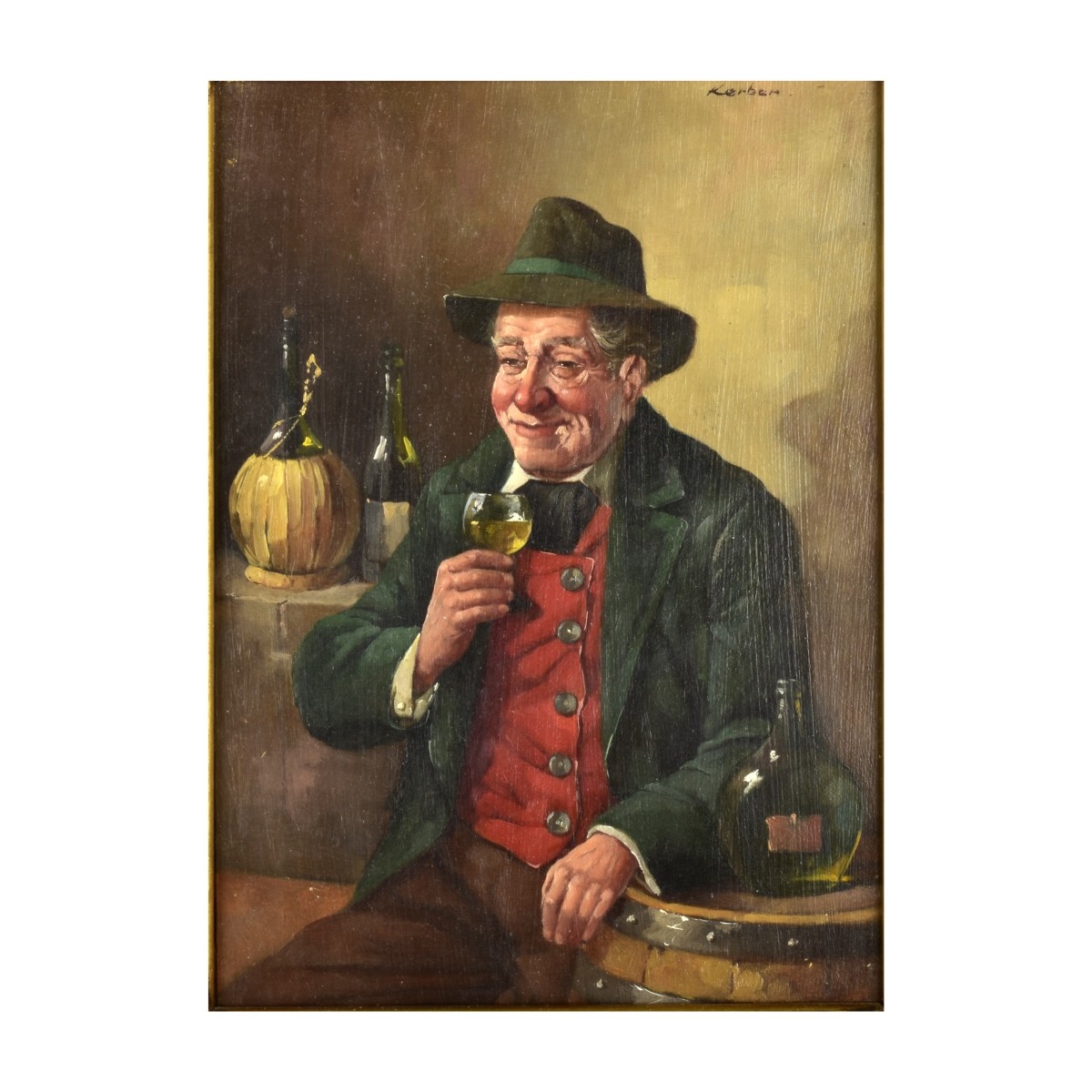 Oil on Board Man Drinking Wine