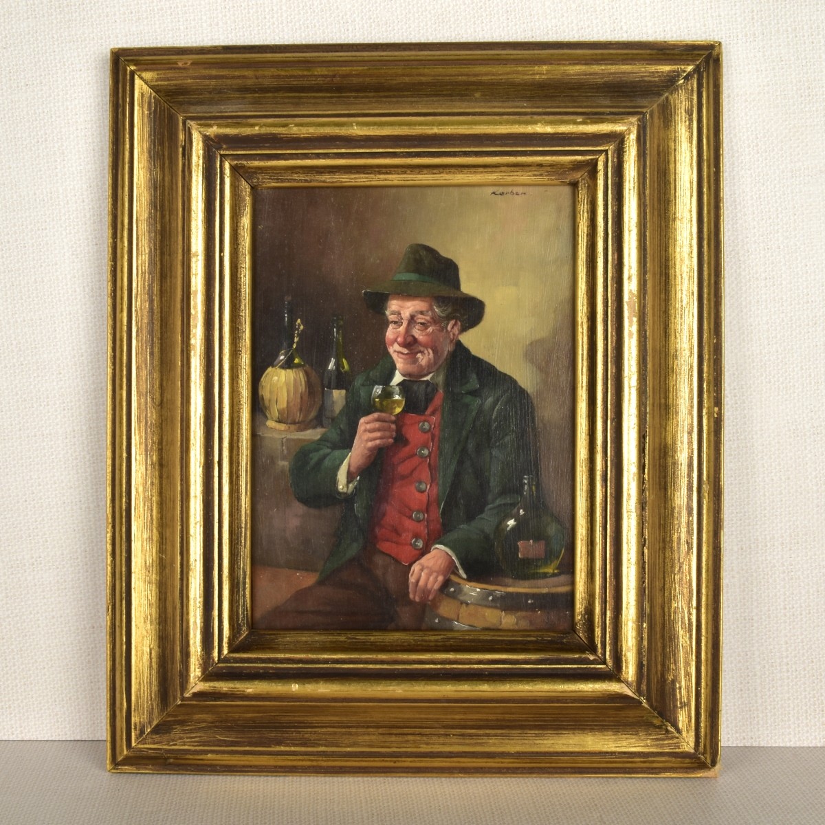 Oil on Board Man Drinking Wine