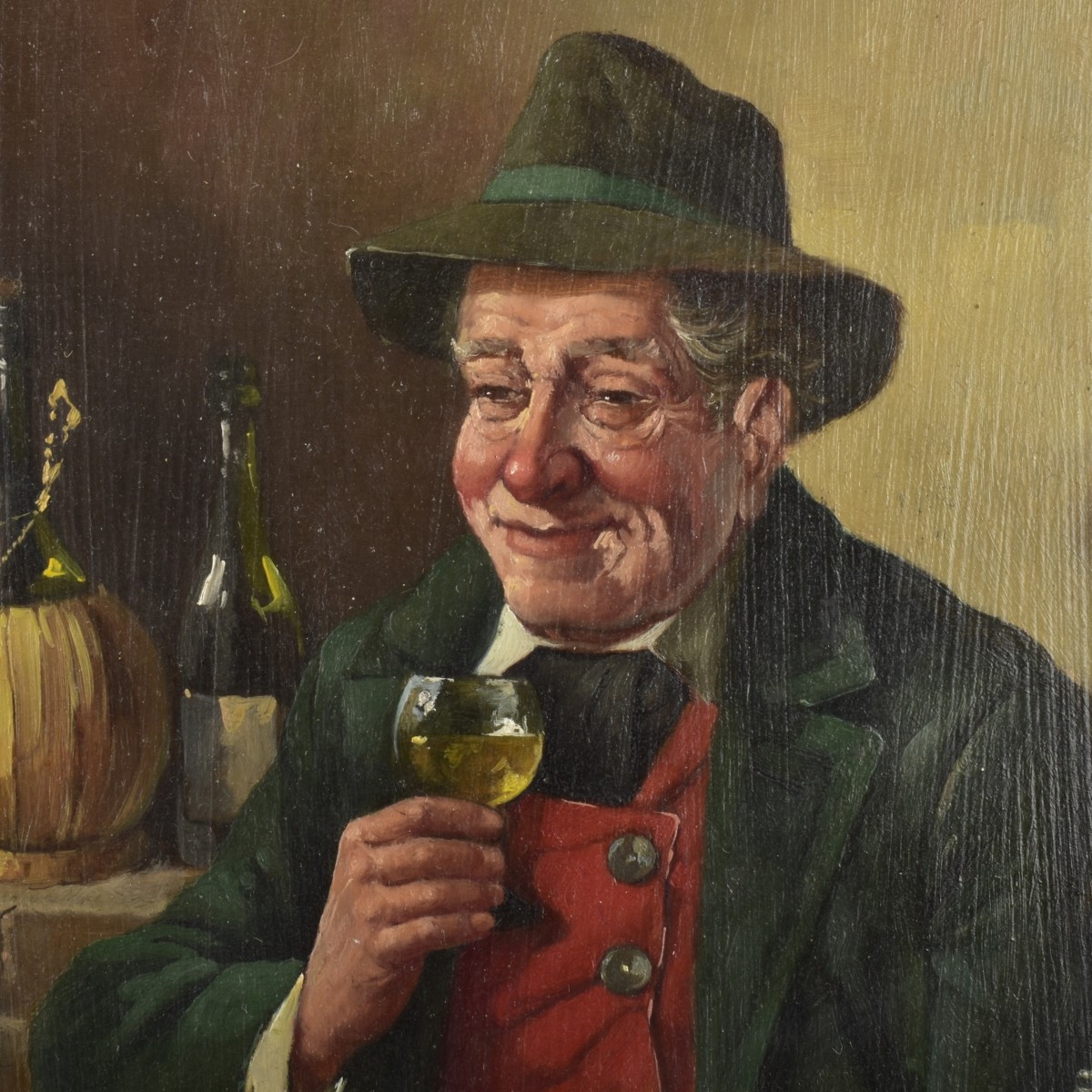 Oil on Board Man Drinking Wine