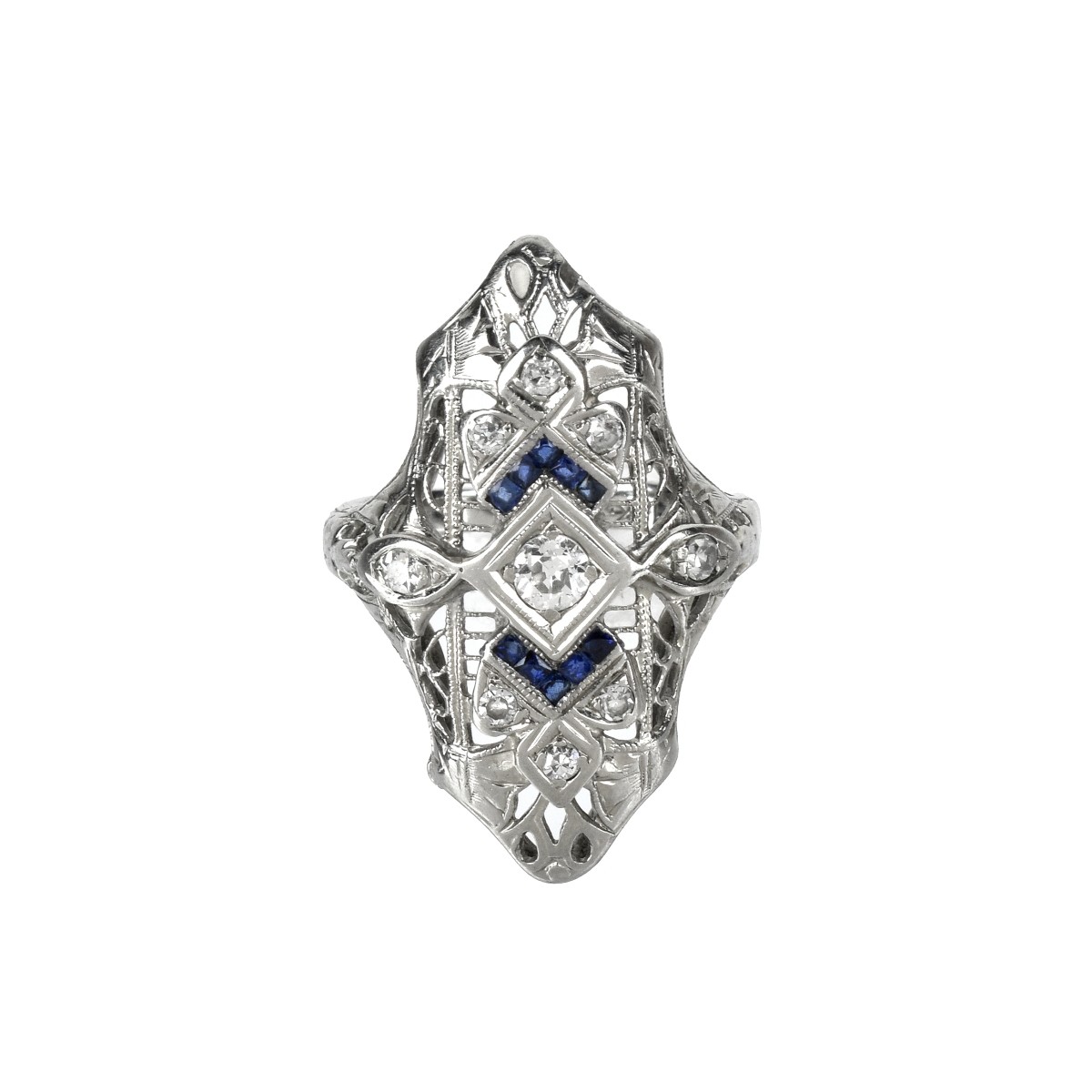 Deco Diamond, Sapphire and 18K Ring