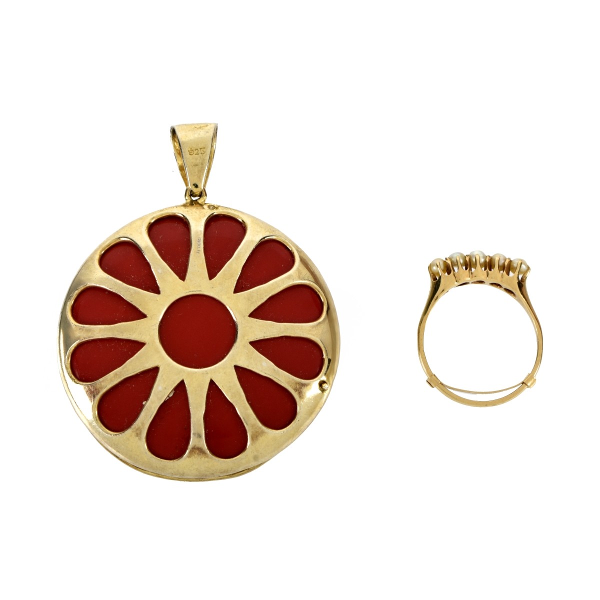 Vermeil Pendant, 14K and Pearl Ring