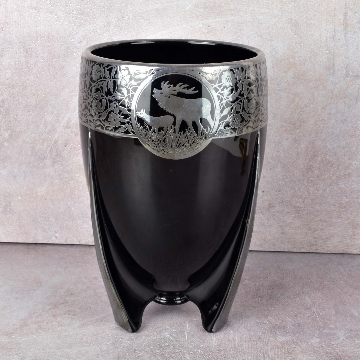 Art Deco Black Amethyst Silver Overlay Vase