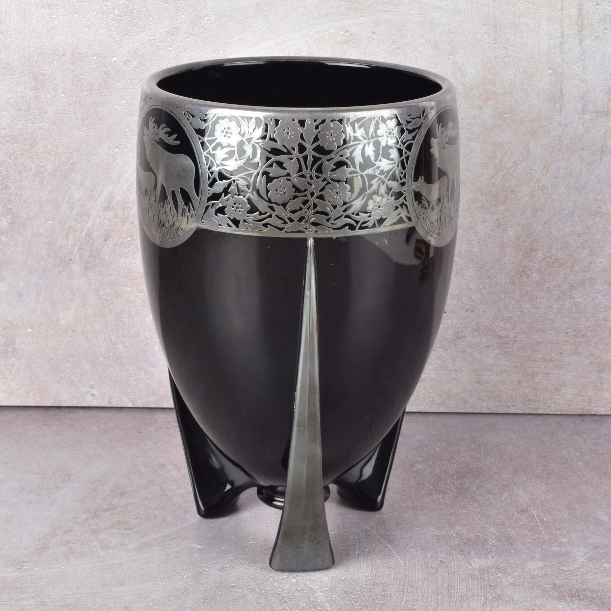 Art Deco Black Amethyst Silver Overlay Vase