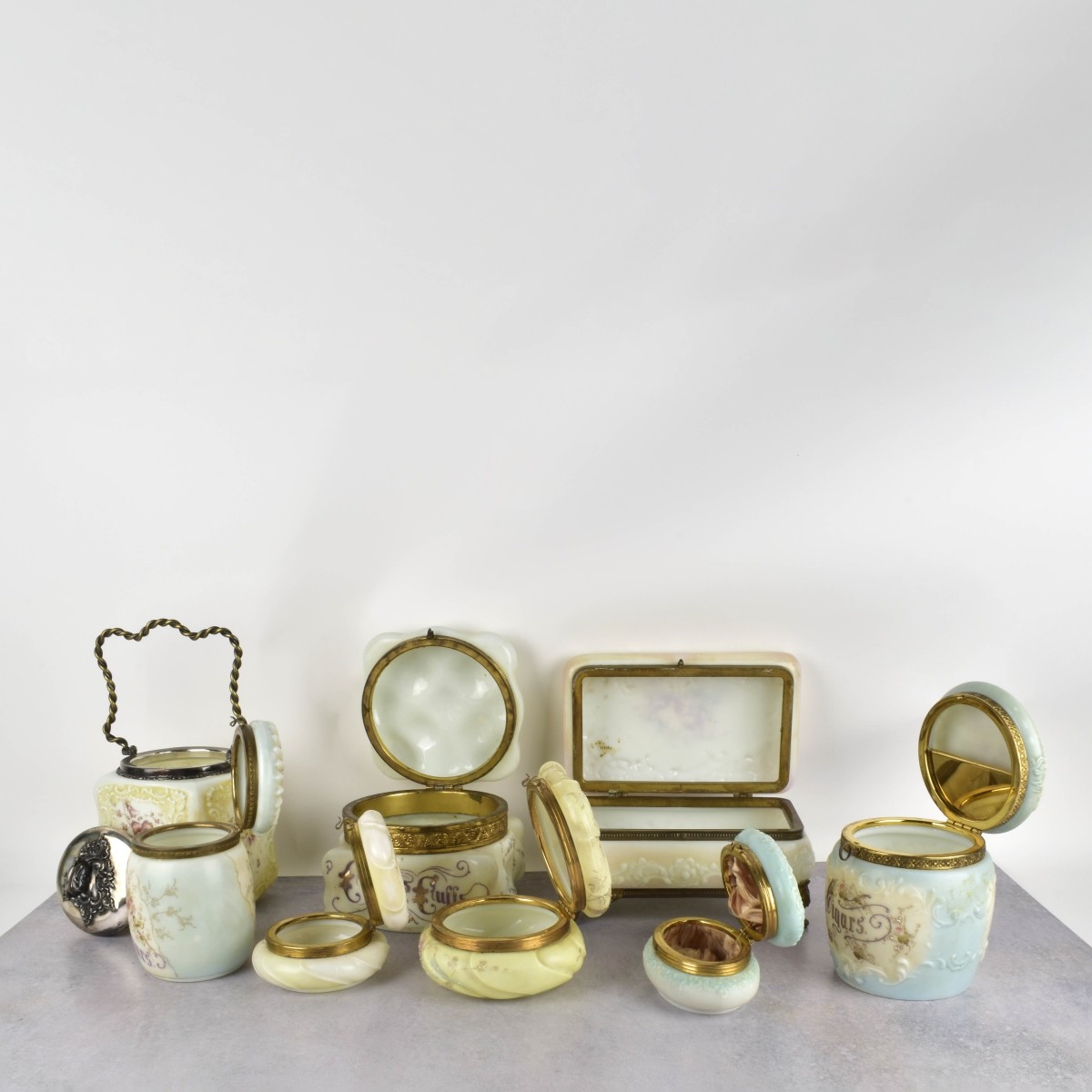 Antique Vanity Enameled Glass Boxes