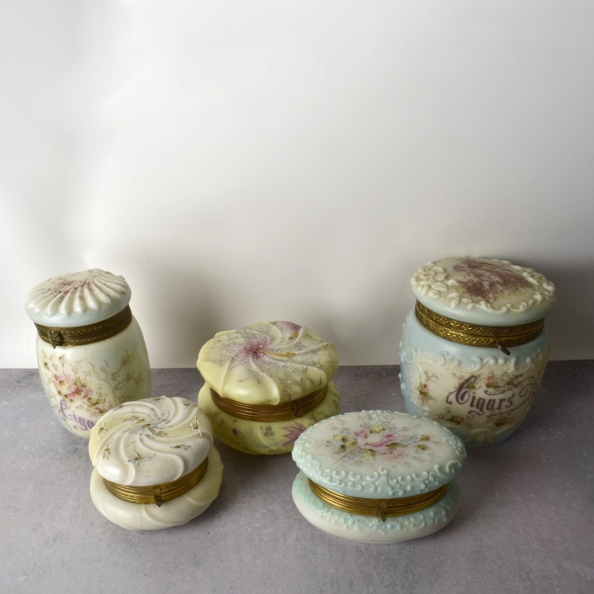 Antique Vanity Enameled Glass Boxes