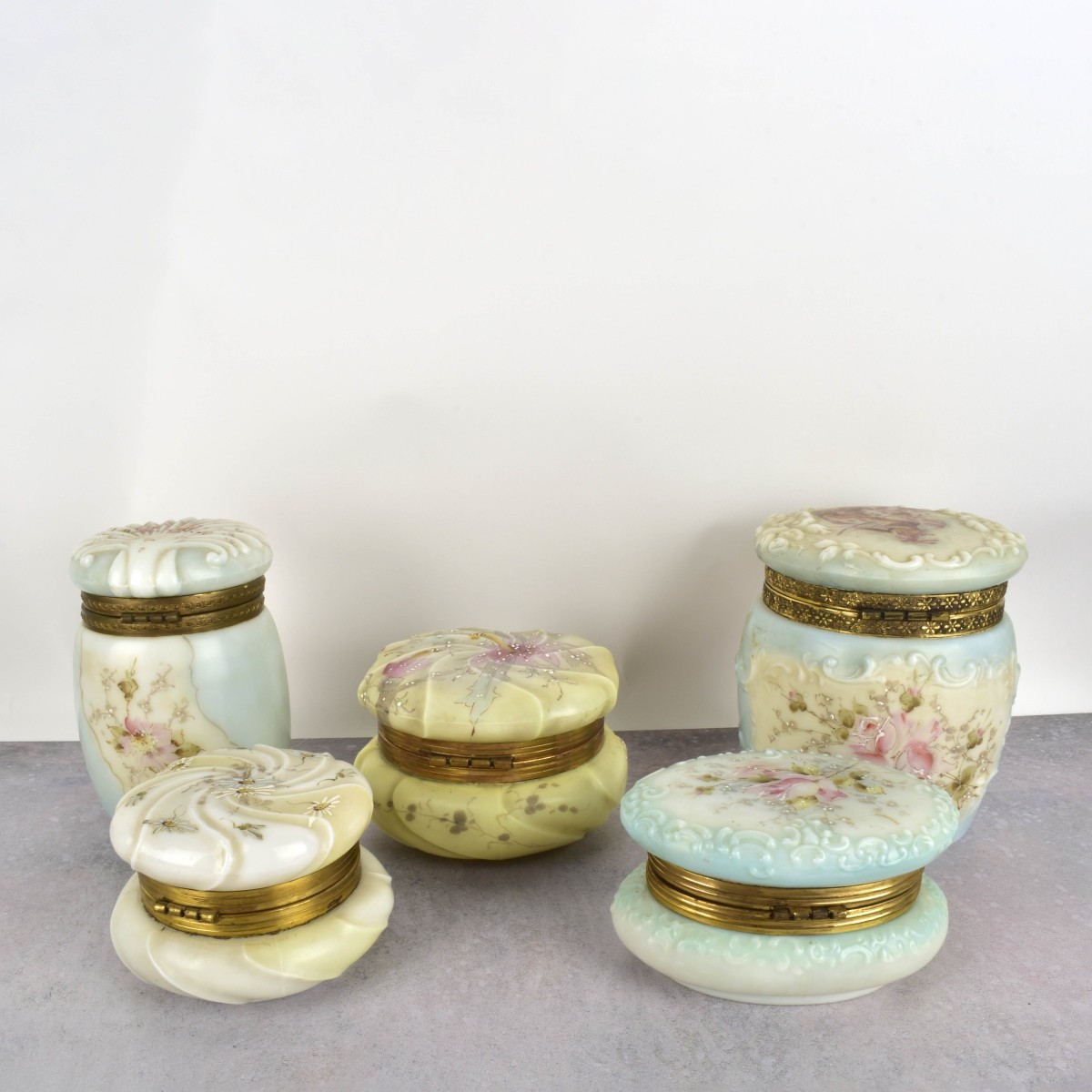 Antique Vanity Enameled Glass Boxes