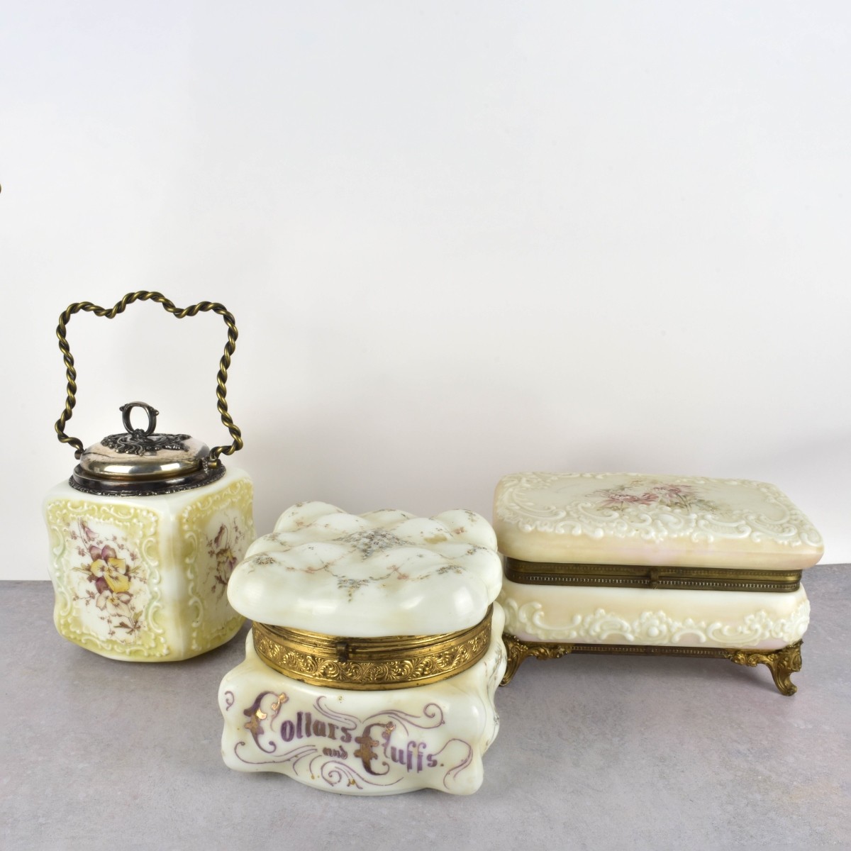 Antique Vanity Enameled Glass Boxes