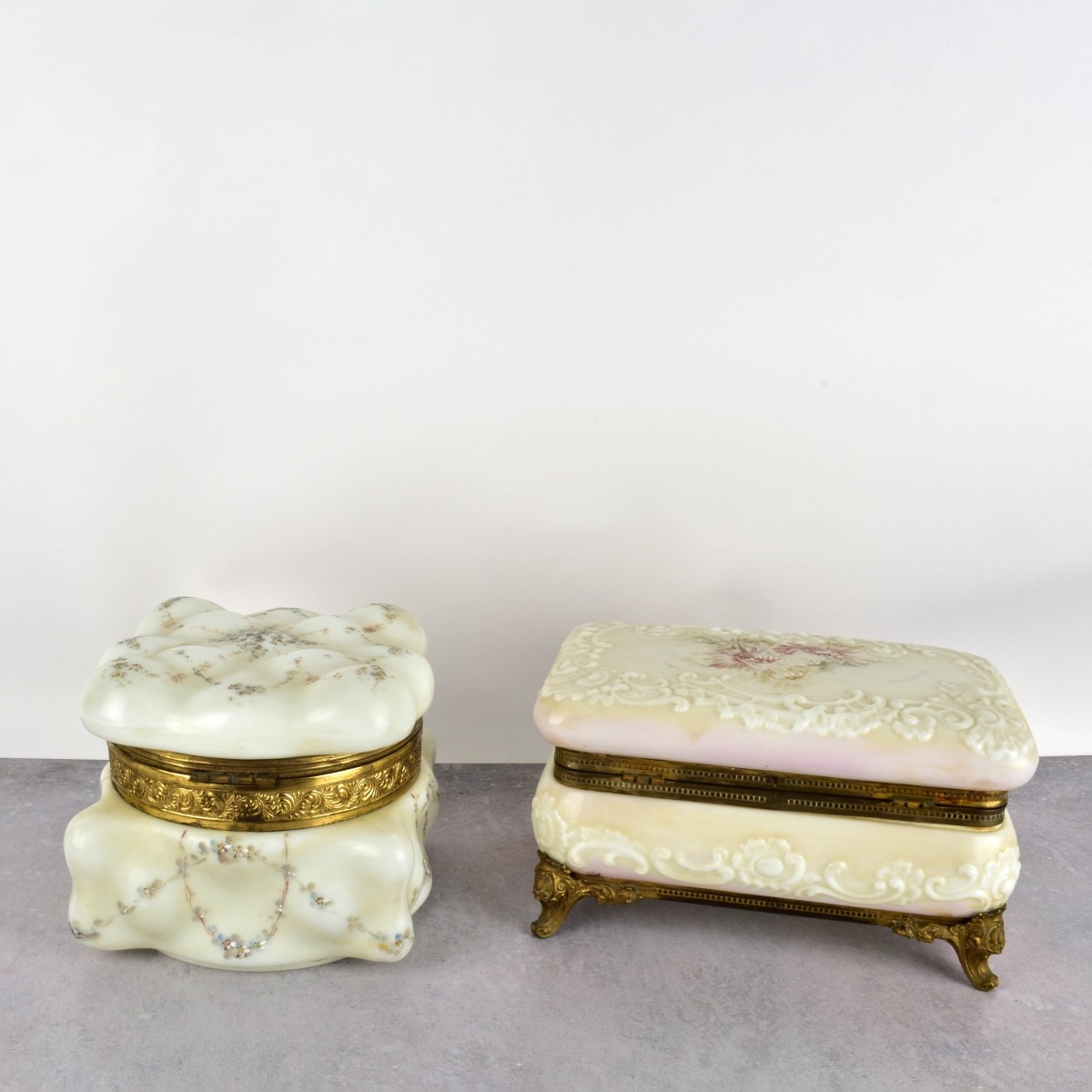 Antique Vanity Enameled Glass Boxes