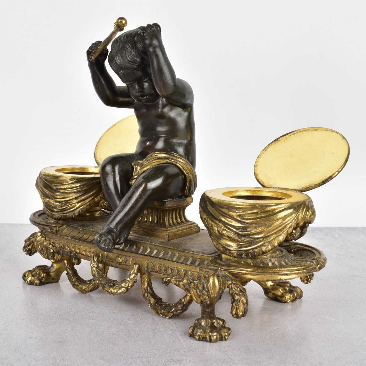 Bronze Inkwell with Putto Drumming