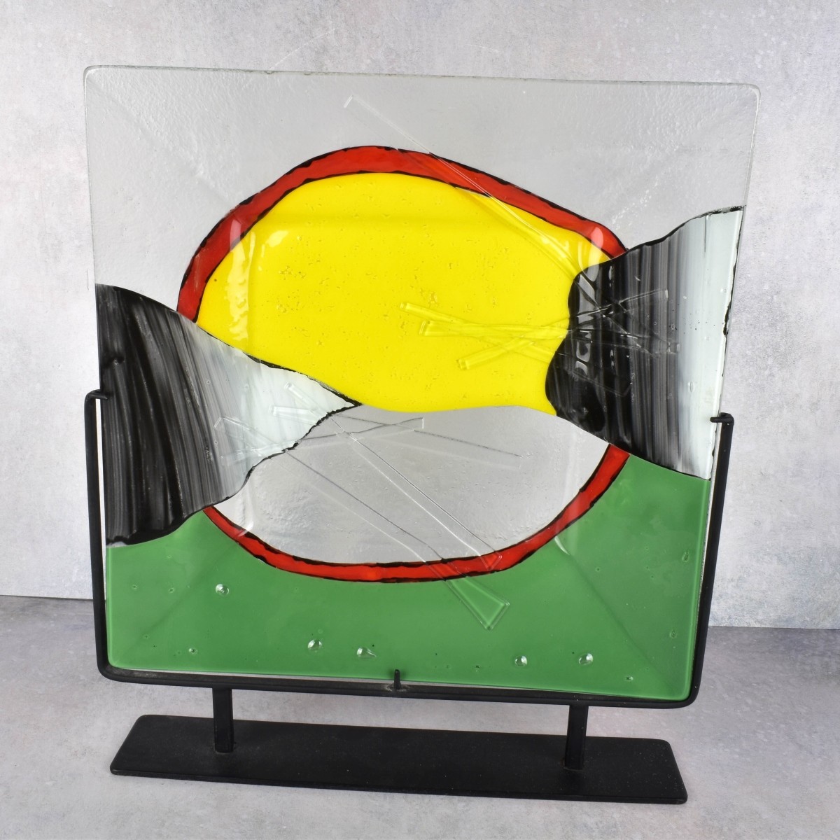 Modern Art Glass Tray on Wrought Iron Stand.