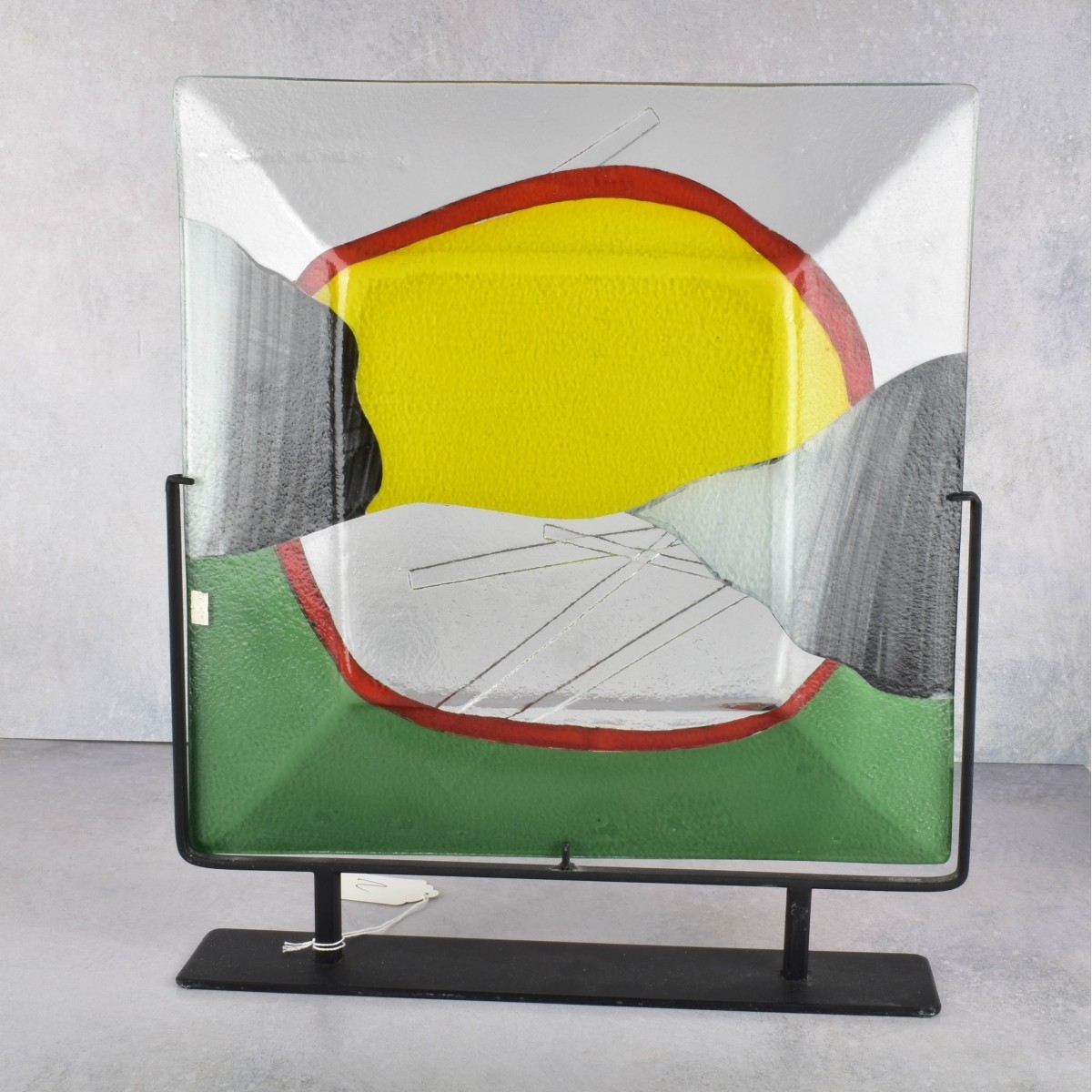 Modern Art Glass Tray on Wrought Iron Stand.