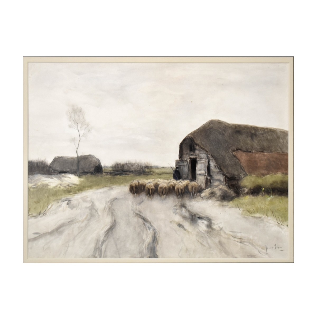 Antique Watercolor on Paper of a Pastoral Scene