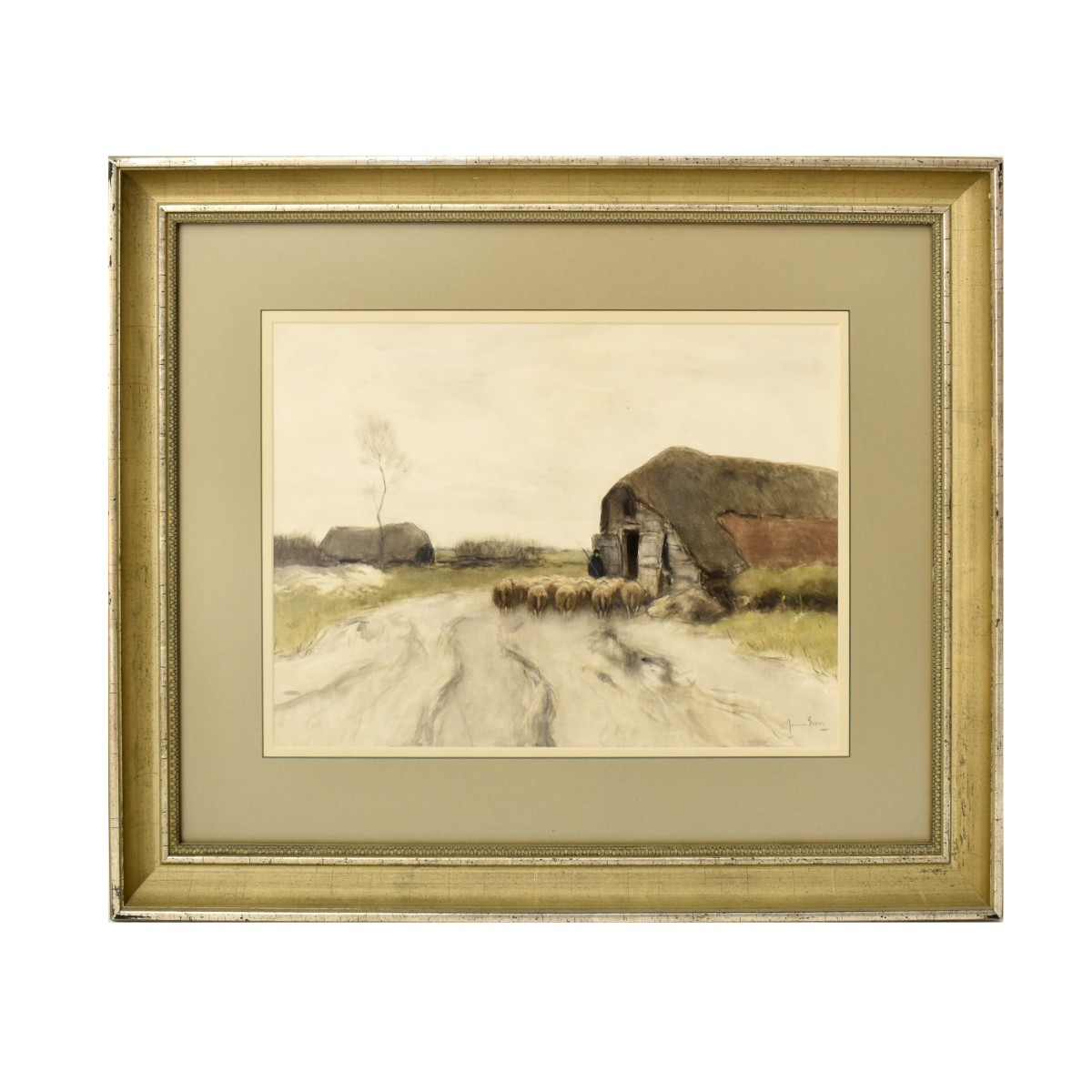Antique Watercolor on Paper of a Pastoral Scene