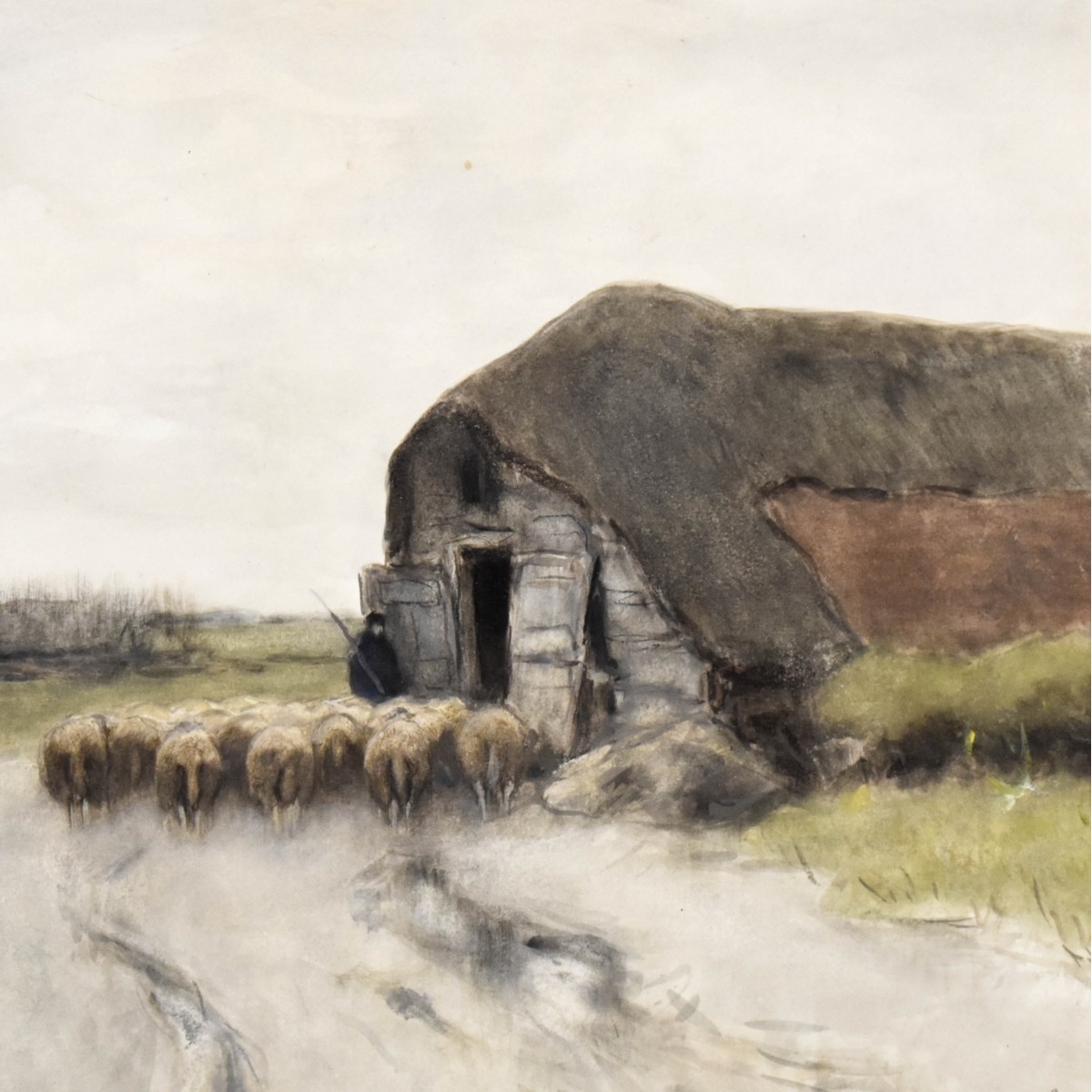 Antique Watercolor on Paper of a Pastoral Scene