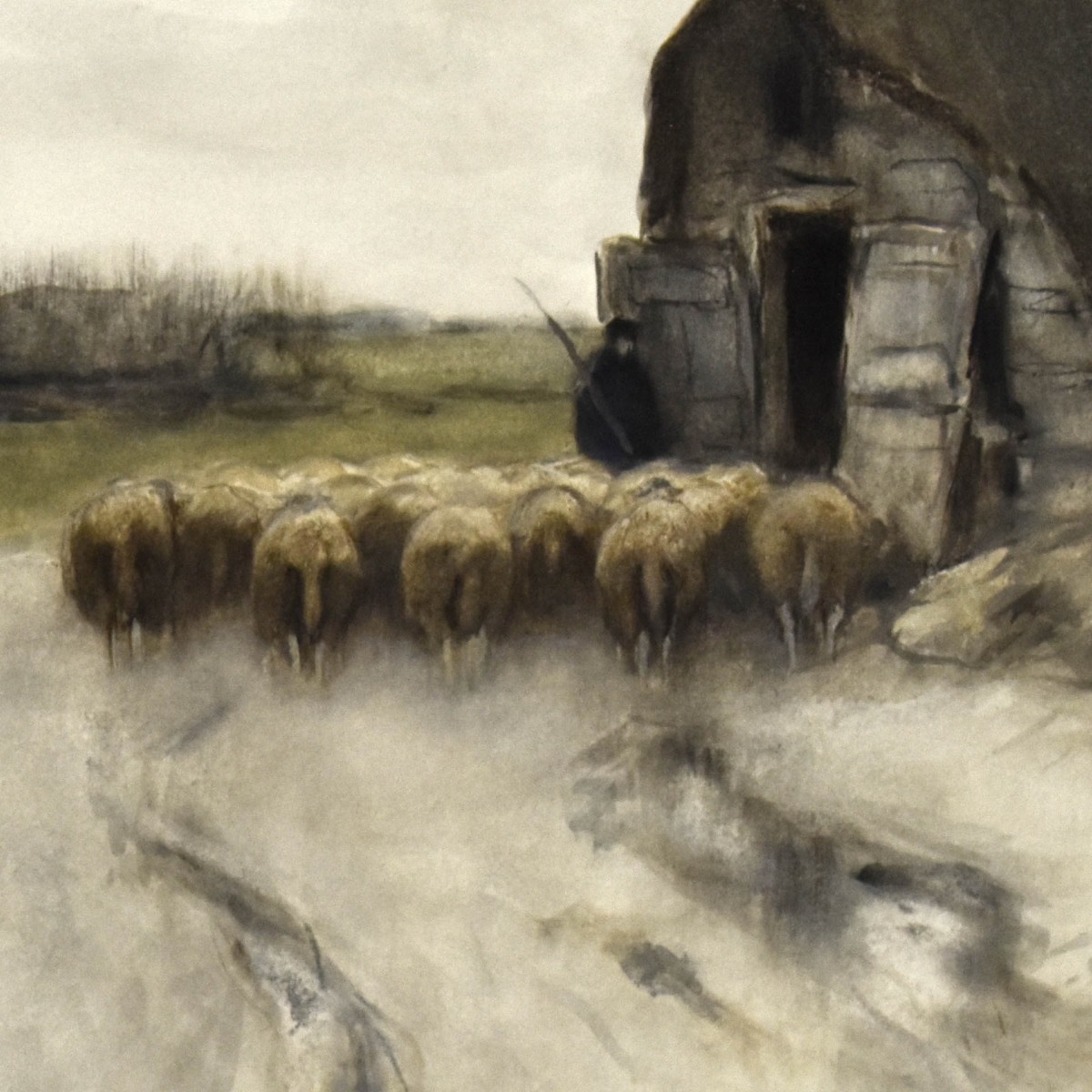Antique Watercolor on Paper of a Pastoral Scene