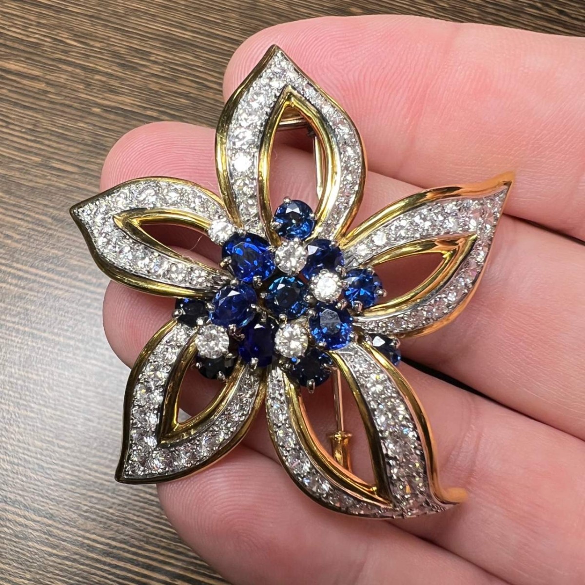 Faberge Diamond, Sapphire and 18K Brooch
