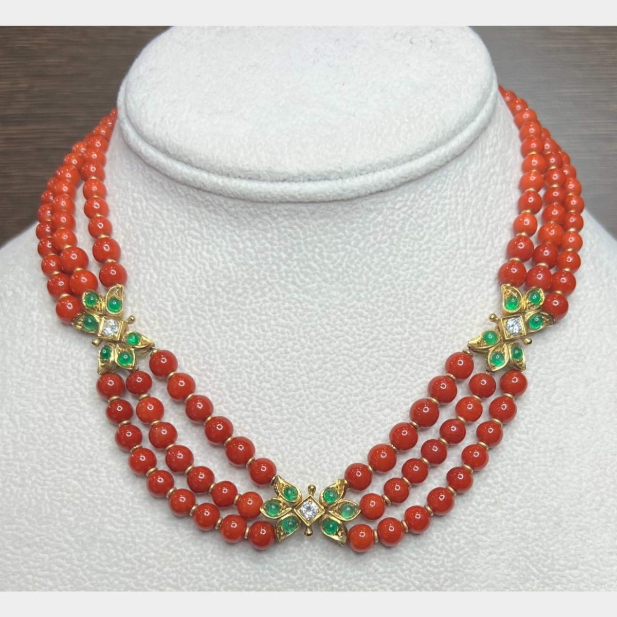 Coral, Emerald and Diamond Necklace