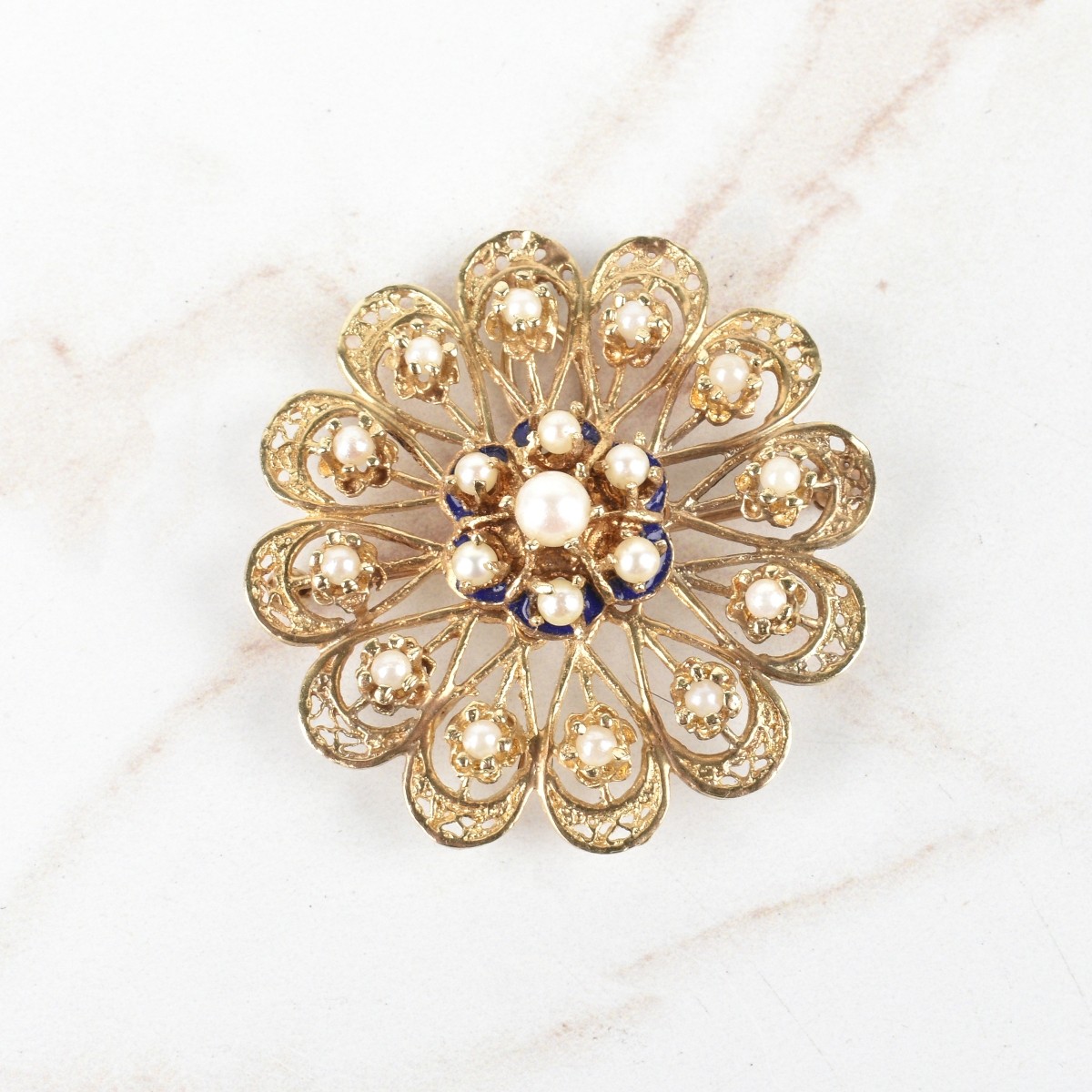 Pearl, Enamel and 14K Brooch