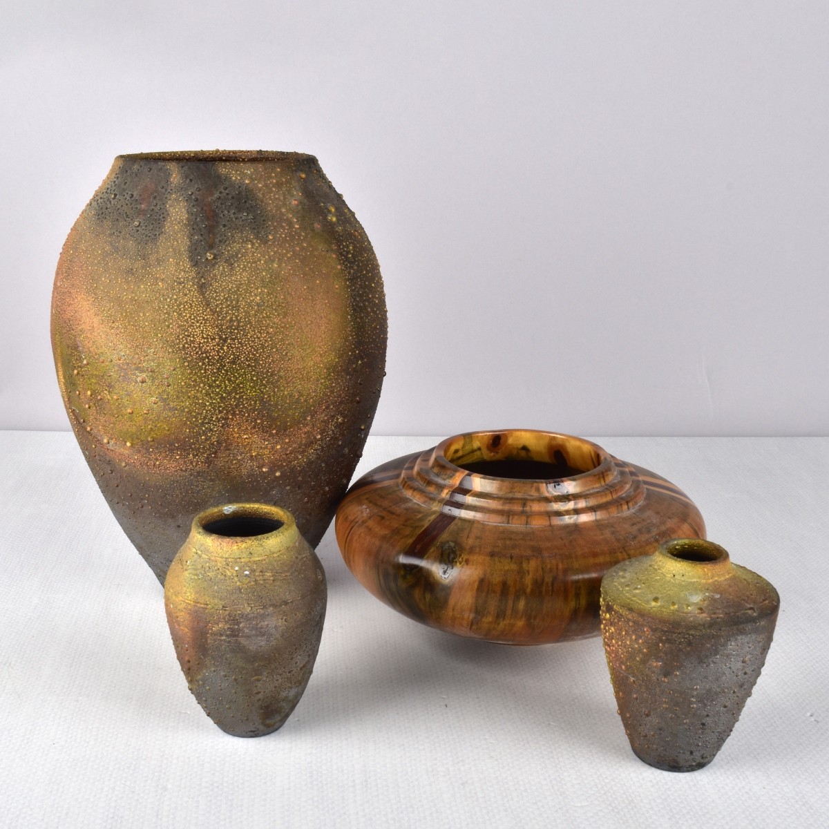 Norman Bacon Raku Vases and Wood Bowl