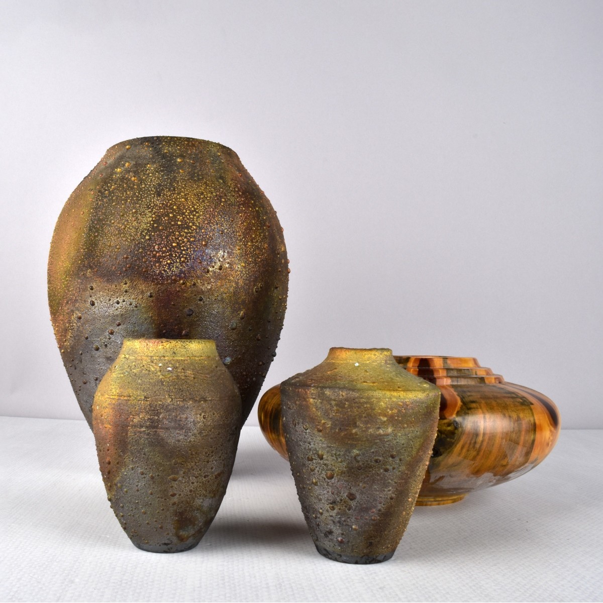 Norman Bacon Raku Vases and Wood Bowl