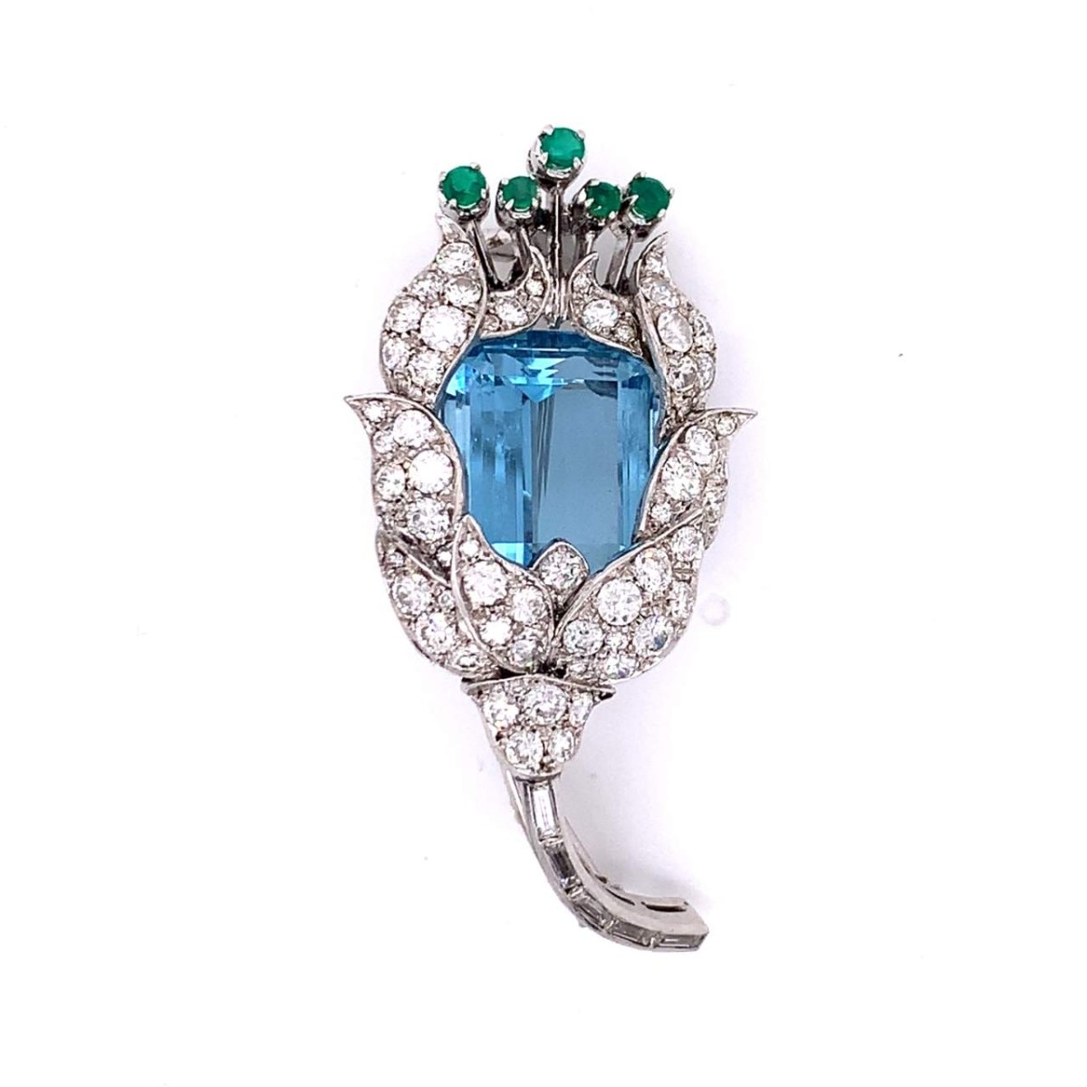 Aquamarine, Diamond and Emerald Brooch