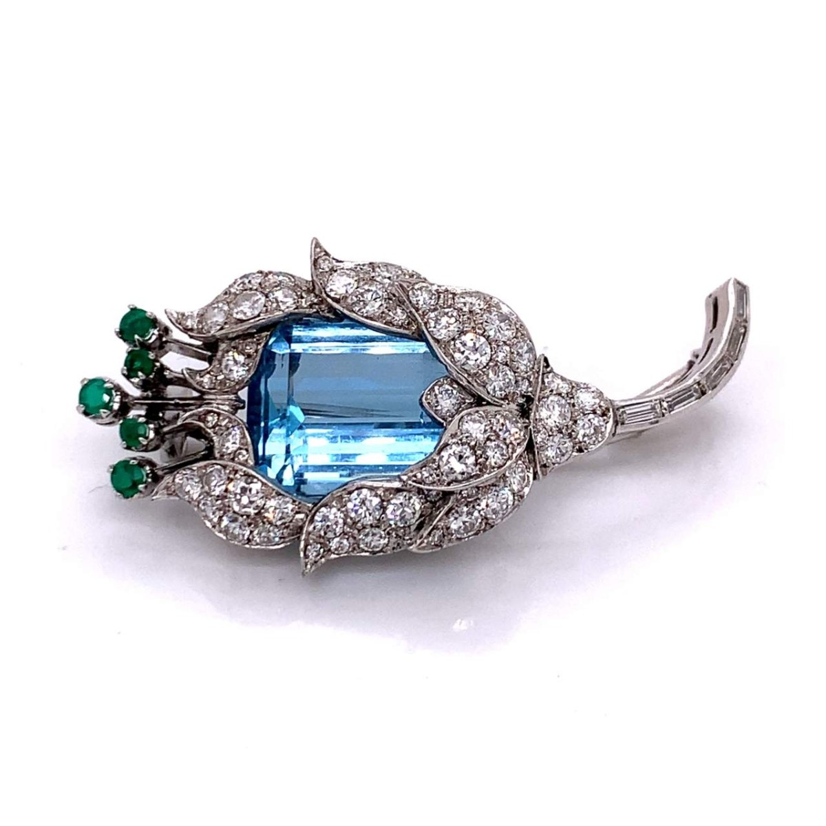 Aquamarine, Diamond and Emerald Brooch