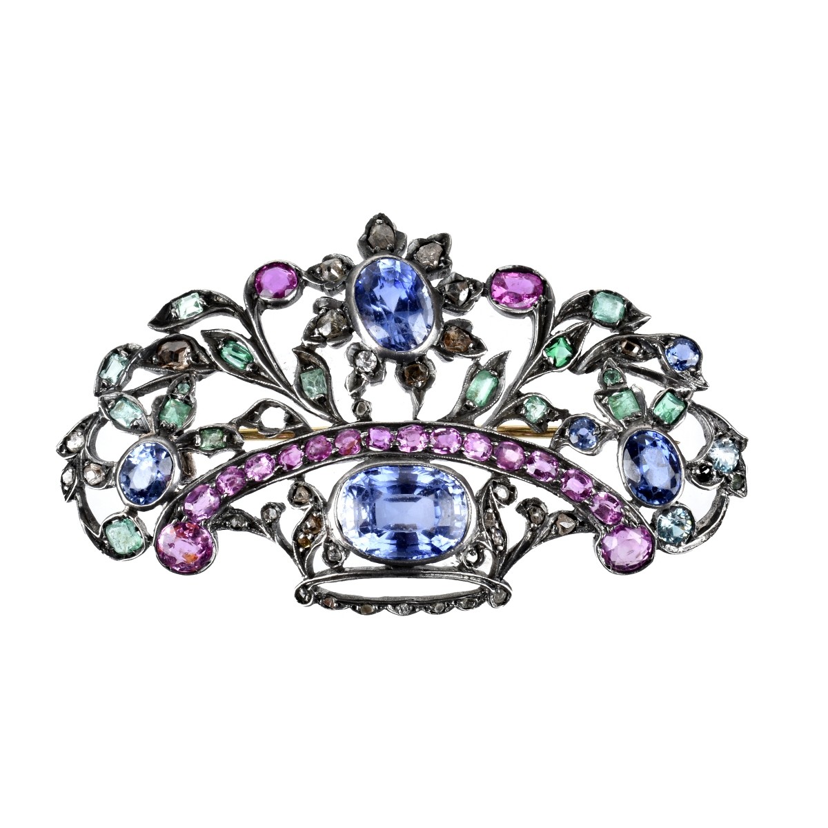 Gemstone, 14K and Silver Brooch