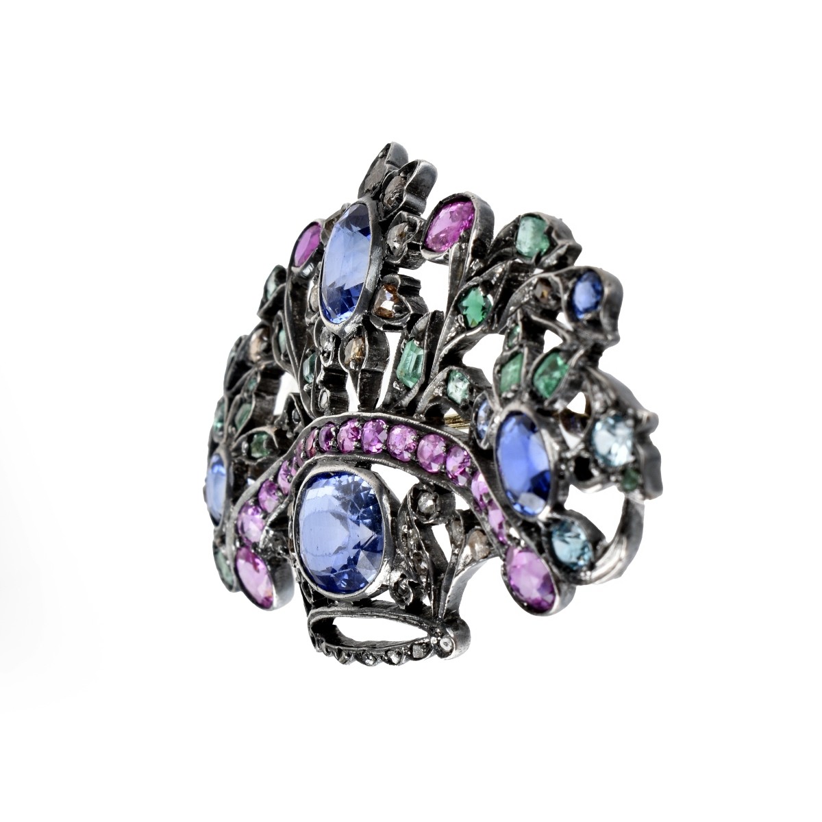 Gemstone, 14K and Silver Brooch