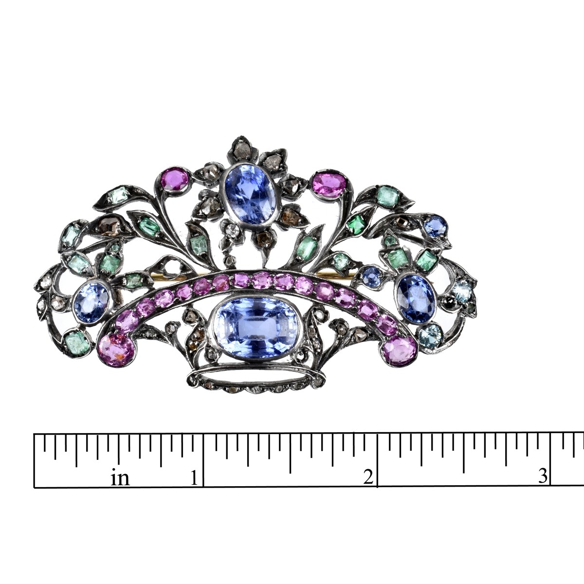Gemstone, 14K and Silver Brooch