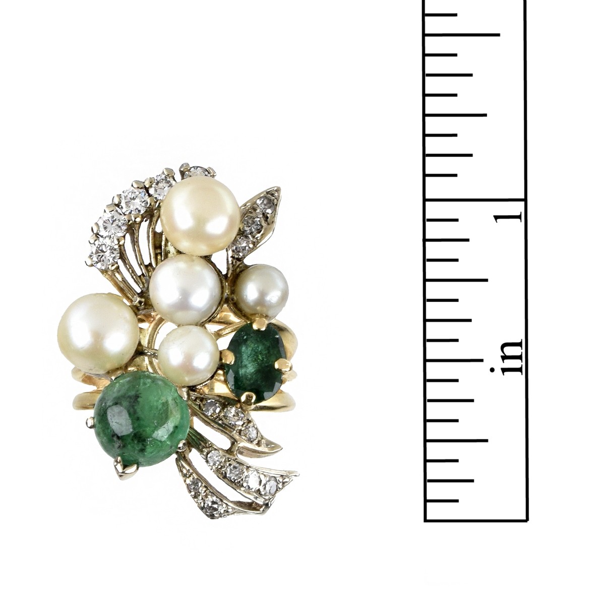 Emerald, Diamond, Pearl and 14K Ring