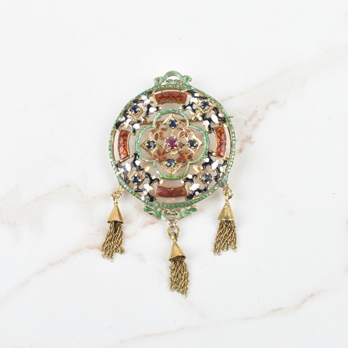 Gemstone, Enamel and 14K Pendant / Brooch
